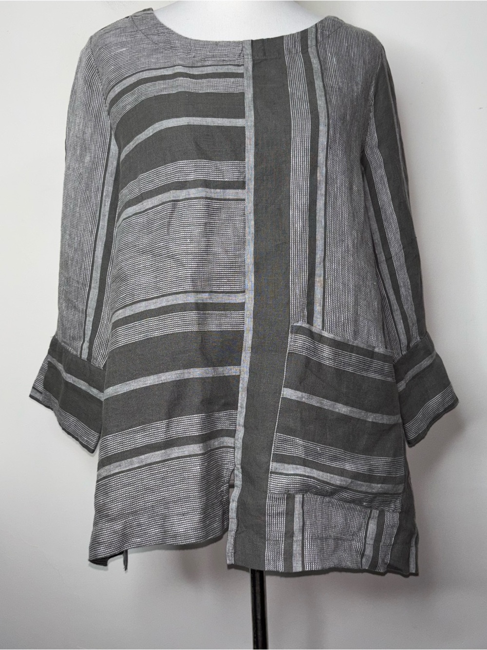 Liv by Habitat 100% Linen Gray Stripe Top Small Lagenlook Abstract Pocket
